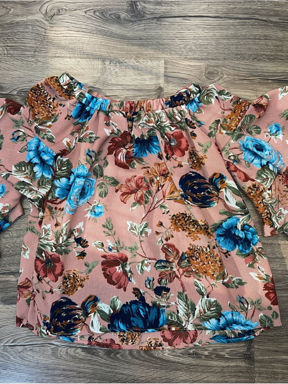 She + Sky Pink Floral Off-Shoulder Blouse with Blue Accents